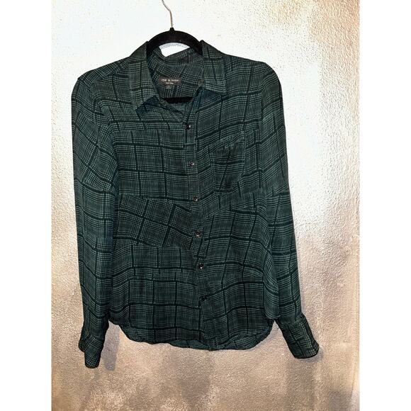Rag & Bone Academia Grunge 100% Silk Black & Green Plaid Button Up Top  Blouse - Picture 12 of 12